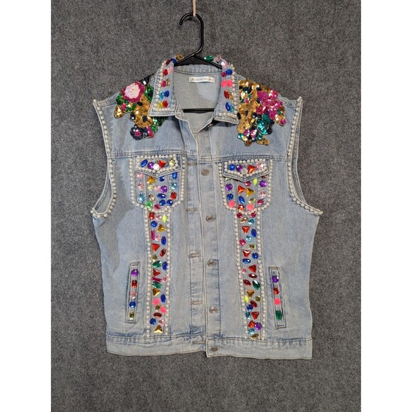 Miss Mia Mia Jackets & Blazers - Handmade Denim Vest Pearl Embellished Sequin Floral Boho Festival Western